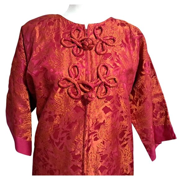 Vintage Pink & Orange Brocade Kimono Dress With Mandarin Collar Frog Buttons Hel - Picture 8 of 12